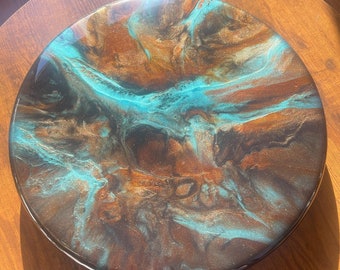 Lazy Susan Resin Turntable | Evolution | Copper, Brown & Turquoise | Handmade Resin Art | Modern Kitchen Decor | Unique Housewarming Gift