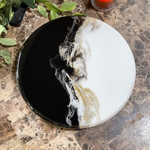 Precious Metals Lazy Susan – Black, White & Gold Resin Turntable | Handmade Modern Centerpiece | Food Safe Home Decor