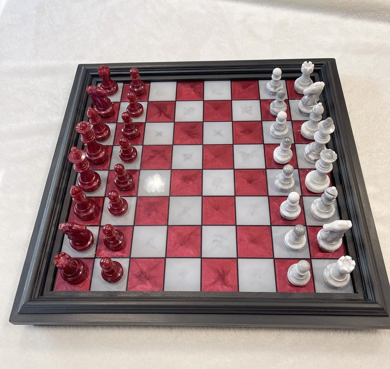CRIMSON Tabletop Chess Set Burgundy and White handmade Chess Set Resin