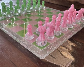 Handmade Resin Chess Set | Pink & Green Fantasy Decor Chessboard with Silver Foil | Optional Custom Wood Tabletop Box | MADE TO ORDER