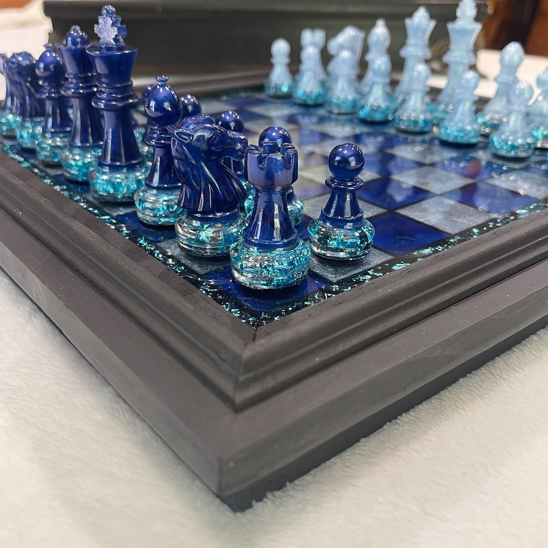 Tranquility Resin Chess Set – Handmade Blue Chess Set Resin With Unique ...