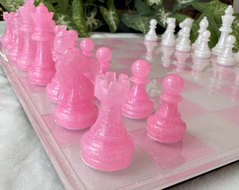 Handmade Resin Chess Set | Shimmering Pink & Pearlescent White Chessboard | Optional Custom Wood Tabletop Box | MADE TO ORDER