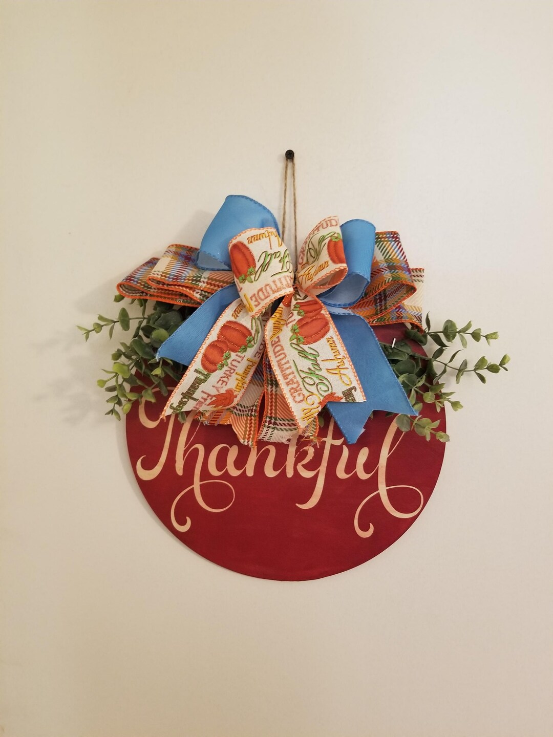 Thankful Fall Sign – Round Wooden Door Hanger With Autumn Bow, Rustic ...