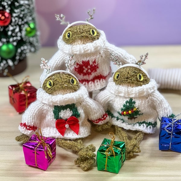 Knitted pocket frog, 4.5 inches, Christmas, New Year, fun sweaters for your toy, stuffed animal, handmade gift