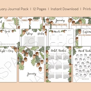 12 Page January 2024 Dot Journal Planner Kit | Acorn Oak Theme | Calendar, Tracker, Weekly Spread | Printable, Instant Download, A4 PDF