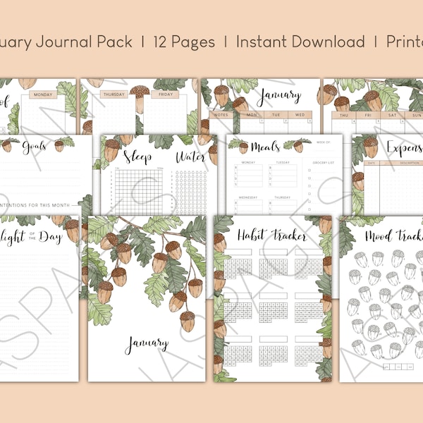 12 Page January 2024 Dot Journal Planner Kit | Acorn Oak Theme | Calendar, Tracker, Weekly Spread | Printable, Instant Download, A4 PDF