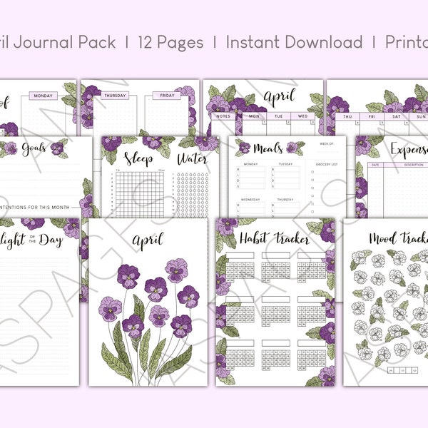 12 Page April 2024 Dot Journal Planner Kit | Pansy Flower Theme | Calendar, Tracker, Weekly Spread | Printable, Instant Download, A4 PDF