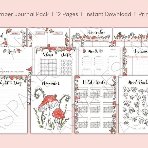 12 Page November 2024 Dot Journal Planner Kit | Mushroom Theme | Calendar, Tracker, Weekly Spread | Printable, Instant Download, A4 PDF