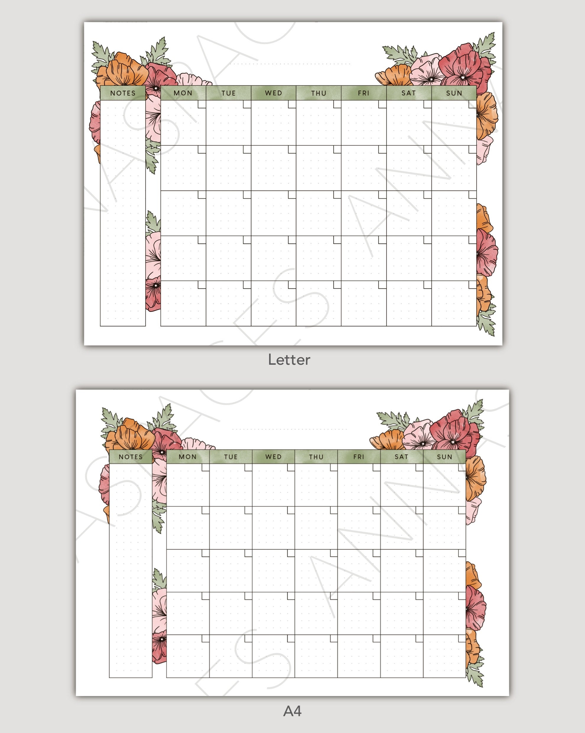 undated-blank-calendar-poppy-flower-theme-printable-instant-download-pdf-a4-letter-etsy
