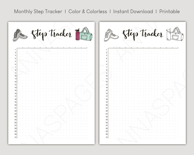 Monthly Step Tracker Dot Journal Color &amp; Colorless 28, 30, and 31 Days ...