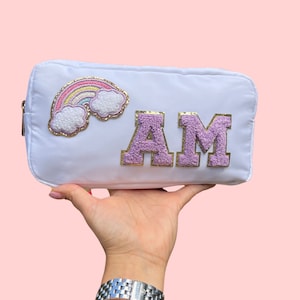 White Customizable Makeup Nylon Pouch - Nylon Pouch DIY with Patches- Nylon Bag with zipper