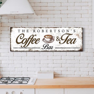 Custom Coffee and Tea Bar Sign Family Name Sign Custom Kitchen Wall Decor Gift for Coffee Lover Farmhouse Kitchen Sign Canvas Wall Art