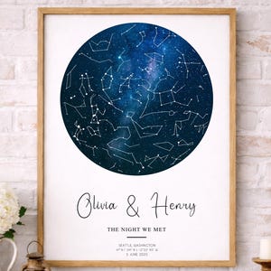 May include: A framed print featuring a celestial map within a dark blue circle, with constellations in white. The text "Olivia & Henry" and "The Night We Met" are below the map, along with location and date details. The frame is a light brown color.