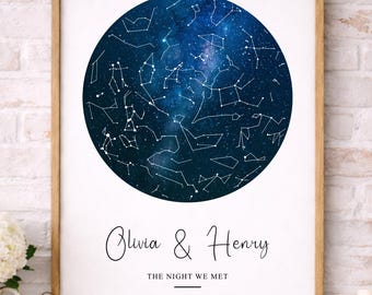 Personalized Star Map Framed Print, Custom Night Sky Print, Wedding Anniversary Gift, Night We Met Gift, Custom Constellation Wall Art Print