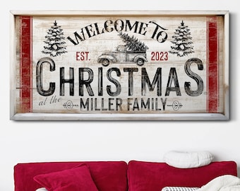 Personalized Welcome to Christmas Sign, Custom Last Name Sign, Retro Holiday Season Wall Art, Christmas Decor, Modern Farmhouse Canvas Sign