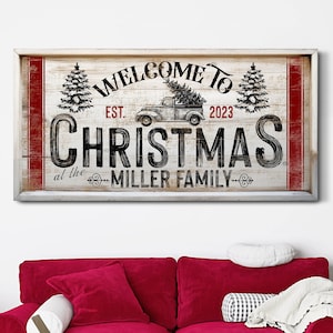 Gepersonaliseerd welkom bij kerstbord, aangepast achternaambord, retro vakantieseizoen kunst aan de muur, kerstdecor, moderne boerderij canvas bord