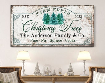Aangepaste kerstboom boerderij teken, vintage kerst decor, entree kerst kunst aan de muur, familienaam teken, rustieke boerderij canvas kunst, pijnbomen