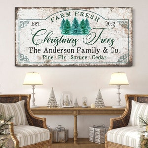 Custom Christmas Tree Farm Sign, Vintage Xmas Décor, Entryway Christmas Wall Art, Family Name Sign, Rustic Farmhouse Canvas Art, Pine Trees