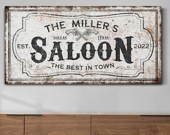 Custom Last Name Saloon Sign Modern Farmhouse Man Cave Sign Custom Bar Wall Decor Family Bar Basement Bar Wall Art Gift for Dad Canvas Art