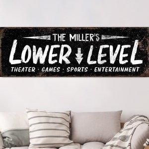 Lower Level Sign, Basement Sign, Lounge Decor, Movie Room Decor, Man Cave & Game Room Decor, Vintage Farmhouse Wall Art, Rustic Canvas Art