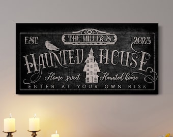 Custom Haunted House Sign, Family Name Decor, Haunted Mansion Entryway Canvas Sign, Halloween Wall Art, Vintage Scary Medieval Wall Art