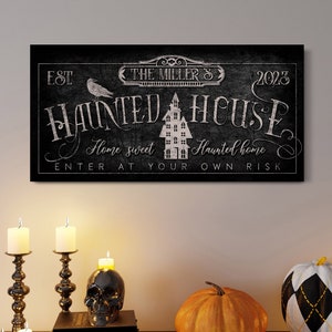 Custom Haunted House Sign, Family Name Decor, Haunted Mansion Entryway Canvas Sign, Halloween Wall Art, Vintage Scary Medieval Wall Art