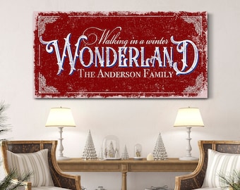 Custom Walking In The Winter Wonderland Sign, Christmas Home Decor, Vintage Xmas Family Sign, Winter Holiday Wall Art, Farmhouse Canvas Art