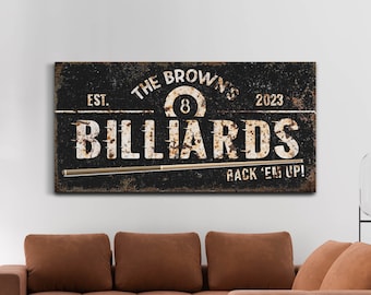 Personalized Billiards Sign, Custom Last Name Pool Hall Wall Art, Man Cave Basement Bar & Lounge Wall Decor, Rustic Game Room Canvas Print