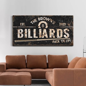 Personalized Billiards Sign, Custom Last Name Pool Hall Wall Art, Man Cave Basement Bar & Lounge Wall Decor, Rustic Game Room Canvas Print