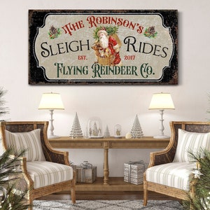 Custom Sleigh Rides Sign, Flying Reindeer Co. Vintage Winter Xmas Décor, Santa Claus Christmas Wall Art, Family Name Sign, Farmhouse Decor
