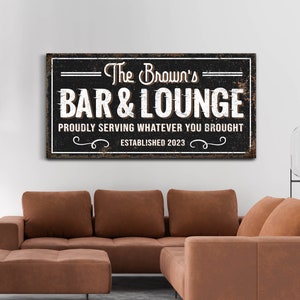 Personalized Bar And Lounge Sign, Custom Family Last Name Bar Wall Art, Basement Bar Decor, Rustic Farmhouse Bar Decor, Man Cave Canvas Art