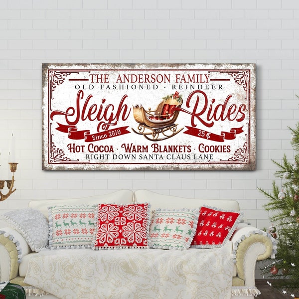 Personalized Sleigh Rides Sign, Custom Christmas Sign, Holiday Seasonal Home Decor, Nostalgic Xmas Decor, Farmhouse Christmas Canvas Decor