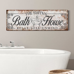 Custom Bath House Sign, Personalized Bathroom Wall Art With Family Name, Modern Farmhouse Wall Decor, Rustic Home Decor, Large Canvas Print