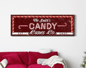 Custom Candy Canes Co. Sign, Christmas Entryway Decor, Vintage Xmas Décor, Rustic Holiday Family Name Signs, Winter Farmhouse Canvas Art