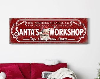 Personalized Santa's Workshop Trading Co Sign, Custom Christmas Toy Shop Sign, Holiday Christmas Gift, Candy Cane Art, Farmhouse Canvas Sign