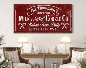 Gepersonaliseerde Milk & Cookie Co. Sign, dagelijks vers gebakken, kerst canvas kunst, vintage rustiek winter decor, familienaam teken, kerst kunst aan de muur