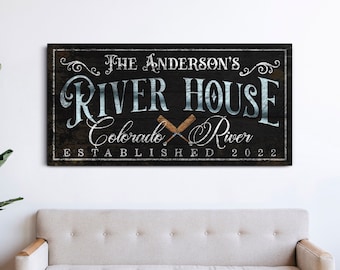 Aangepaste rivier huis teken boerderij muur decor familienaam teken zomer Cottage cabine Lake River leven teken gepersonaliseerde canvas Wall Art decor