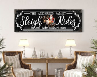 Personalized Sleigh Rides Sign, Custom Christmas Sign, Holiday Seasonal Home Decor, Vintage Xmas Wall Art, Farmhouse Christmas Canvas Decor