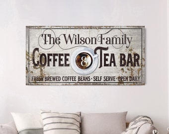 Custom Coffee And Tea Bar Sign, Personalized Canvas Sign, Rustic Kitchen Wall Art, Vintage Coffee Shop Decoration, Gift For Coffee Lover
