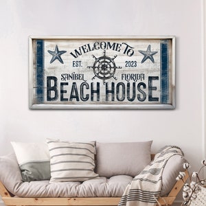 Personalized Beach House Sign, Custom Welcome To Sign, Beach House Wall Decor, Summer House Decor, Rustic Farmhouse Nautical Canvas Decor