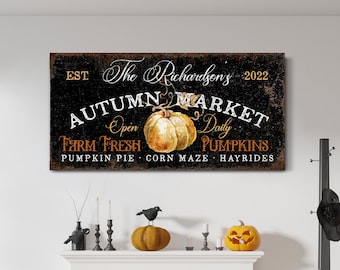 Custom Autumn Market Sign With Family Name Fall Wall Decor Farm Fresh Pumpkin Sign Halloween Home Decor Pumpkin Farm Sign Canvas Wall Art
