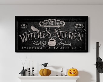 Gepersonaliseerde heksen keuken teken, magie opwekken, keuken muur decor, griezelige Halloween Witchy Salem teken, enge gotische boerderij canvas