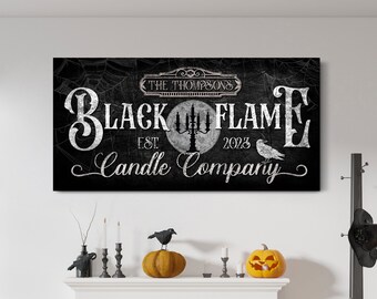 Personalized Black Flame Candle Co. Canvas Sign, Gothic Candle Shop Halloween Decor, Made With Hocus Pocus Decor, Spooky Fall Autumn Decor