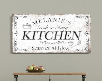 Personalized Kitchen Sign Farmhouse Wall Art Dining Room Decor Seasoned With Love Canvas Printed Custom Food Sign Rustic Background