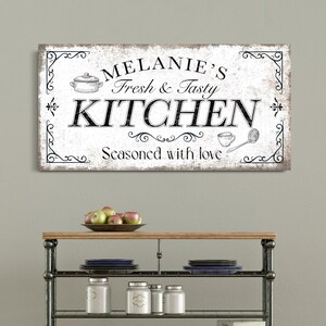 Personalized Kitchen Sign Farmhouse Wall Art Dining Room Decor Seasoned With Love Canvas Printed Custom Food Sign Rustic Background