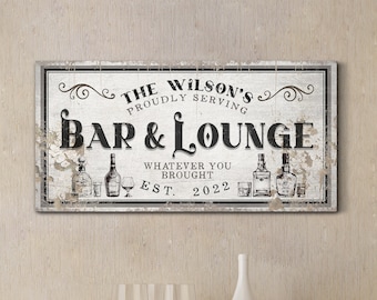 Personalized Bar and Lounge Sign with Last Name Home Bar Sign Man Cave Decor Basement Bar Sign Family Bar Decor Gift for Him Canvas Wall Art