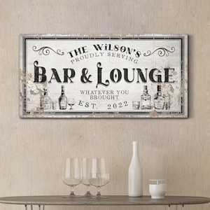 Personalized Bar and Lounge Sign with Last Name Home Bar Sign Man Cave Decor Basement Bar Sign Family Bar Decor Gift for Him Canvas Wall Art