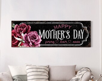Custom Happy Mother's Day Sign, Personalized Kids Names Wall Decor, Rustic Farmhouse Wall Art, Mom Home Decor Gift, Vintage Mom Canvas Print