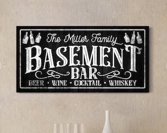 Personalized Basement Bar Sign, Custom Bar Sign, Man Cave Lounge Decor, Garage Wall Hangings, Rustic Family Bar Canvas Decor, Downstairs Pub