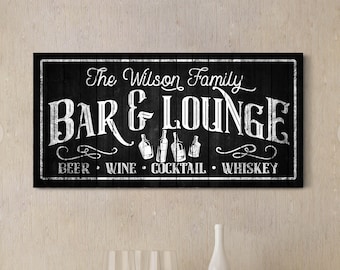 Personalized Bar & Lounge Sign, Rustic Lounge Decor, Custom Man Cave Decor, Garage and Basement Wall Art, Modern Farmhouse Bar Canvas Sign